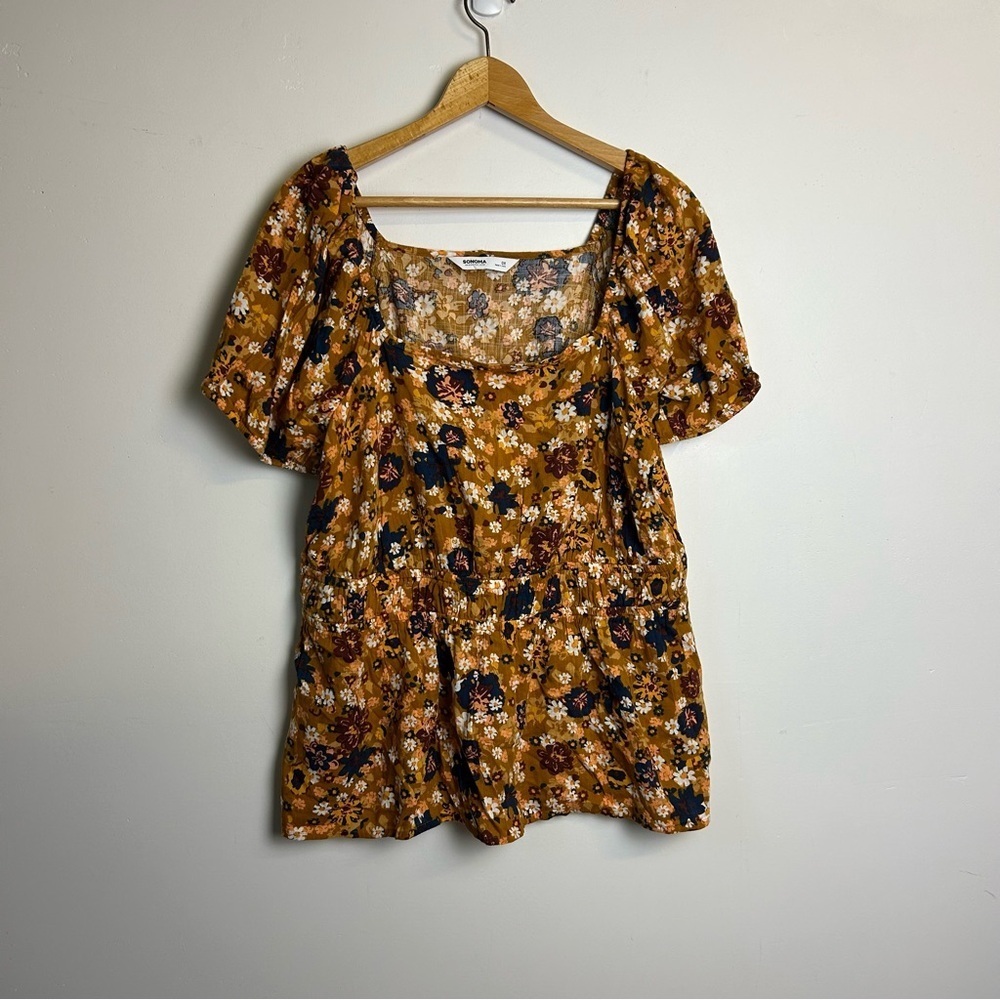 Sonoma Floral Blouse Top Brown Gold Puff Sleeve Size 0X Summer Natural Lightweig